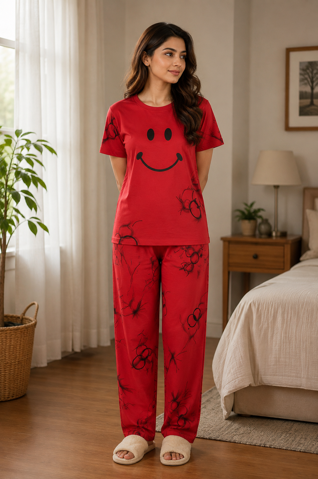 Red Smile Design Night Suit