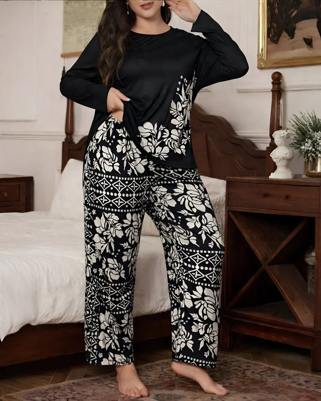Classic White & Black Floral Jersey Sleep Set