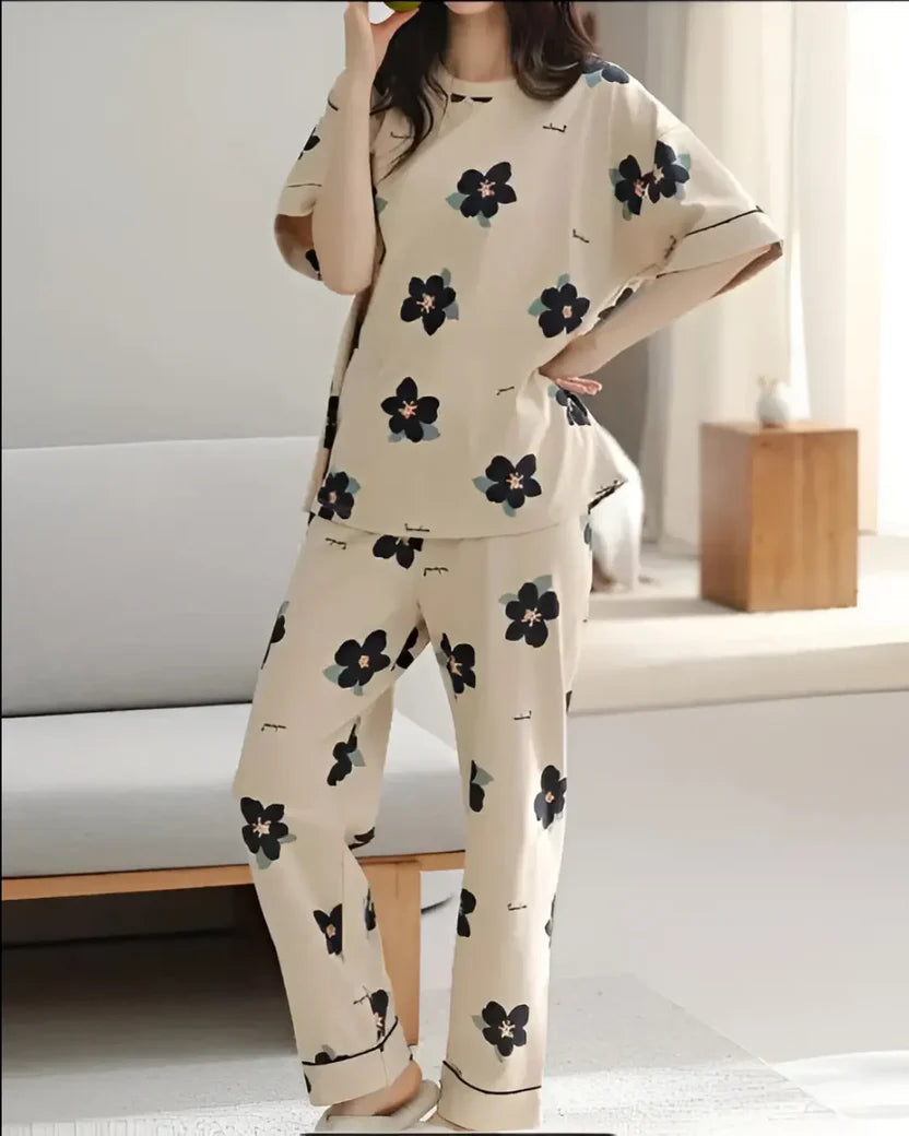 Brown Big flowers Printed PJ Set