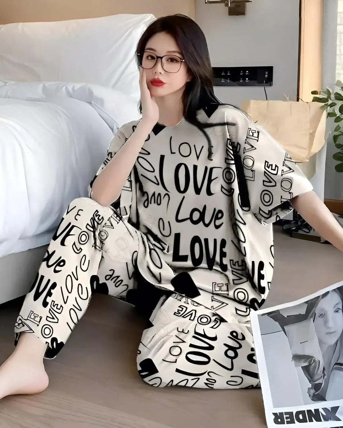 Night Suit with Beige Love Print