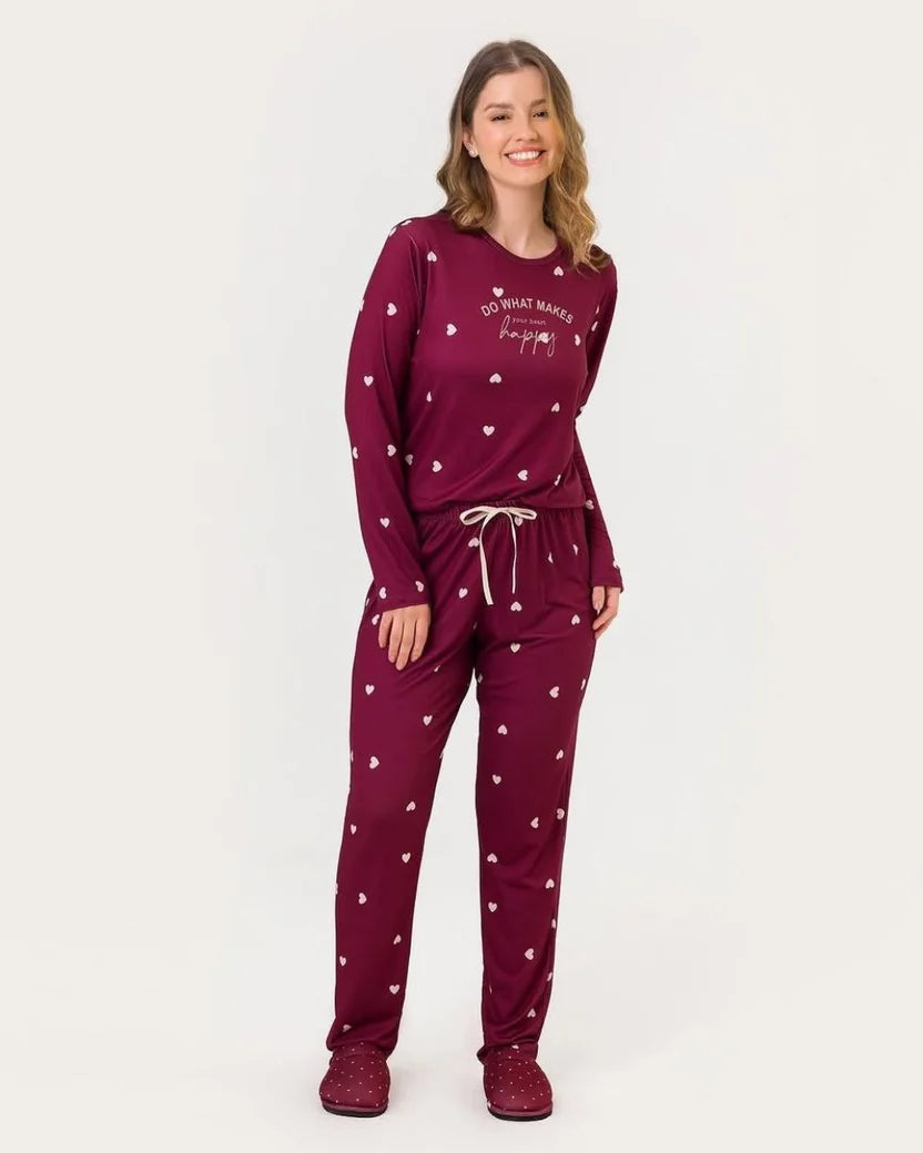 Wine Heart Print Pajama & Eye Mask PJ Set